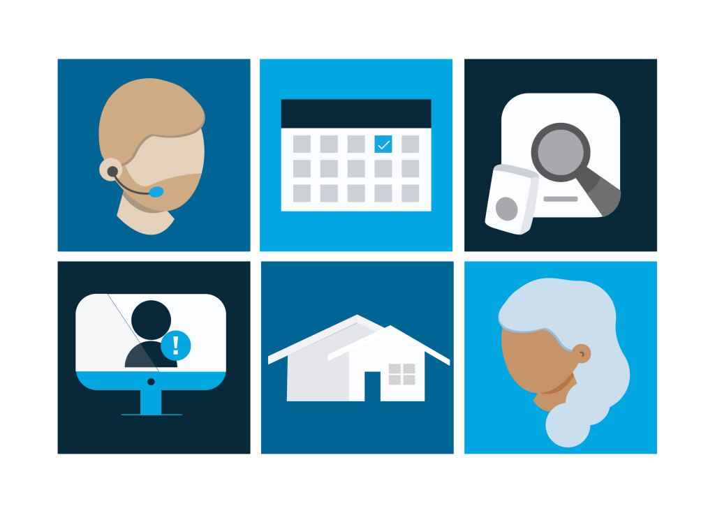 Collection of graphics and icons representing PERS, which includes a person on a headset icon, a computer screen icon, a calendar icon, a PERS icon, a house icon, and a woman icon
